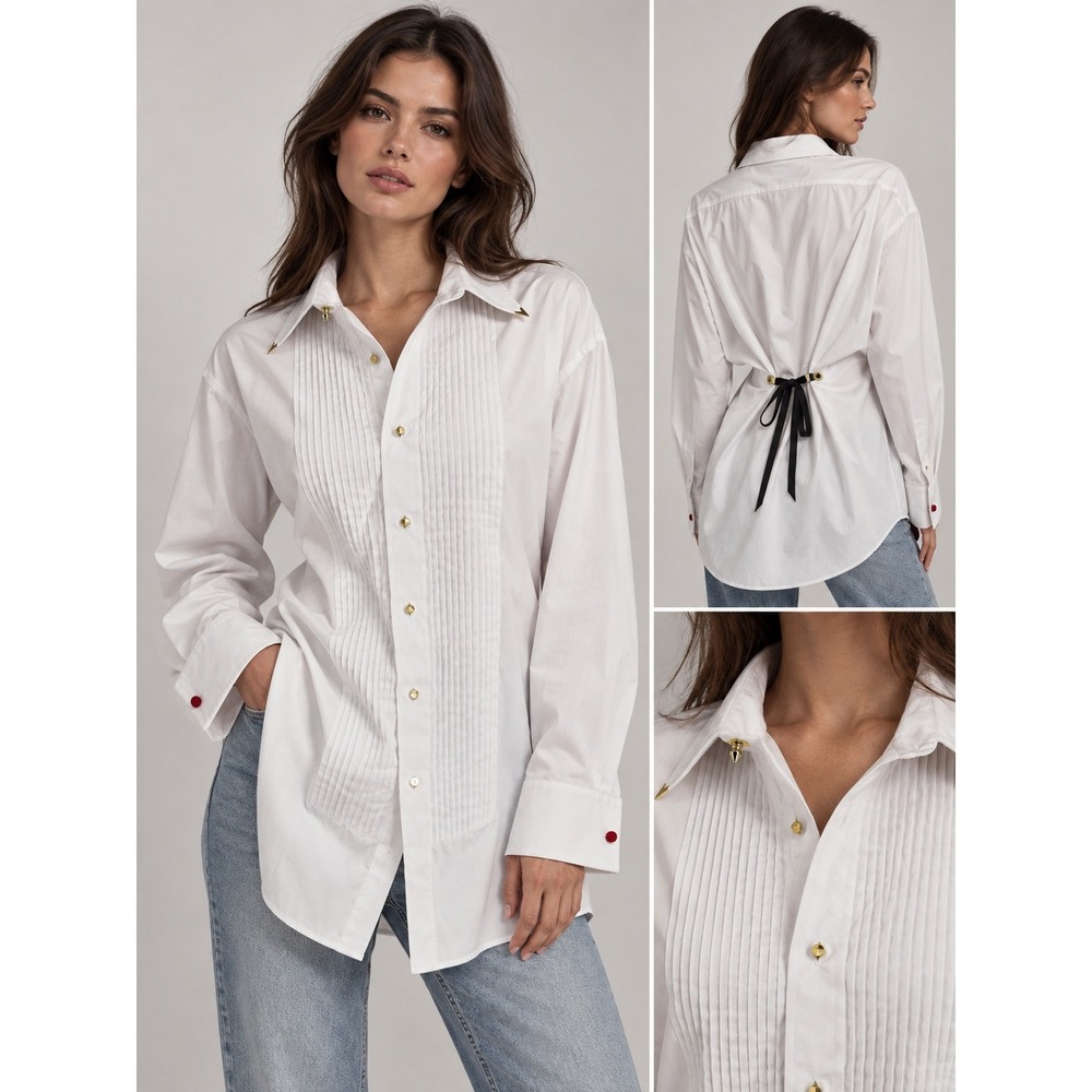 Upcycled Neil Allyn White Pleated Tuxedo Shirt Corset Back Womens XL Victorian